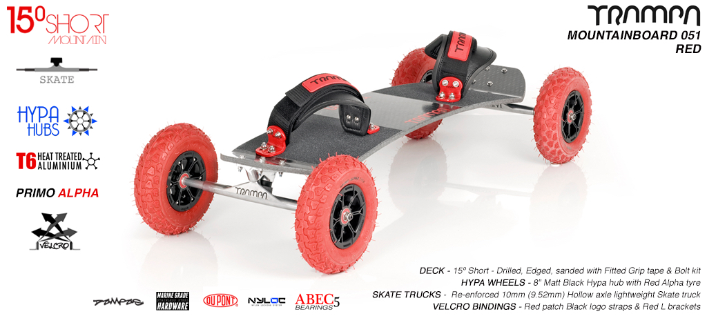 15� degree short TRAMPA Mountainboard on 10mm hollow skates, Black Hypa Red Alpha wheels and red Velcro Bindings