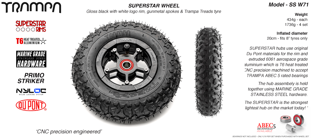 Black Gloss Rim with Black Anodised spokes and Black Trampa Tyre - 8 inch wheel