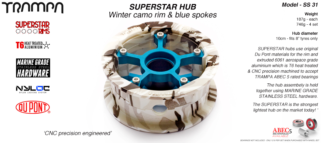 Superstar Hub - Winter Cammo Rim with BLUE anodised spokes