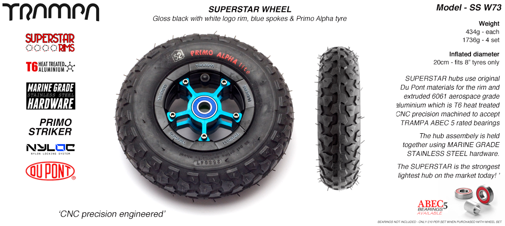 Black Gloss Rim with Blue Anodised spokes and Black Alpha Tyre and Blue Bearings - 8 inch wheel