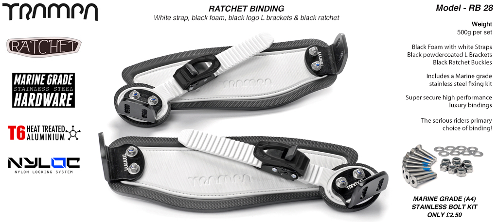 Ratchet Bindings - White Straps on Black Foam with Black L-brackets and Ratchets