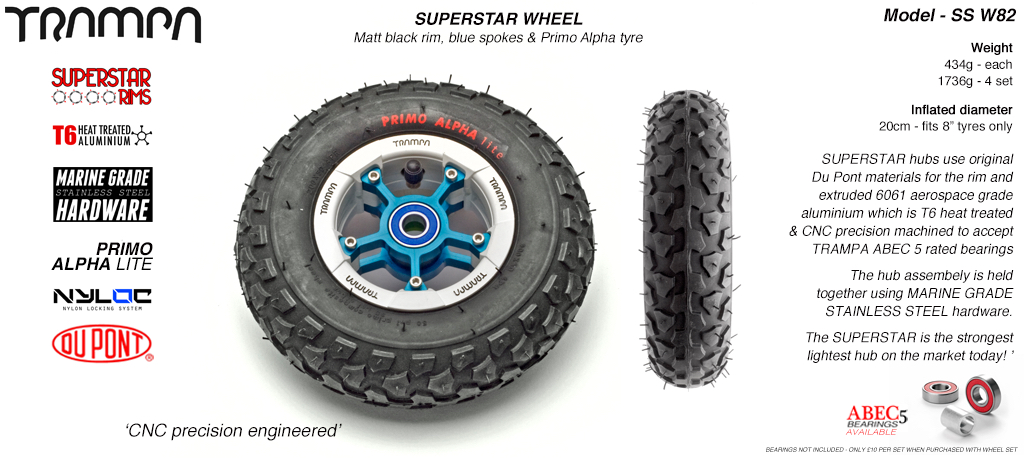 White Gloss and Black logo rim with Blue Anodised Spokes Black Alpha tyre and Blue Bearings