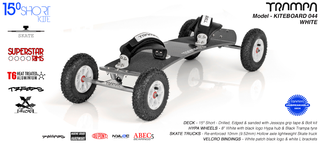 Kiteboard - 15� short deck on 10mm HOLLOW axle trucks with 8 inch HYPA wheels & VELCRO Bindings - WHITE