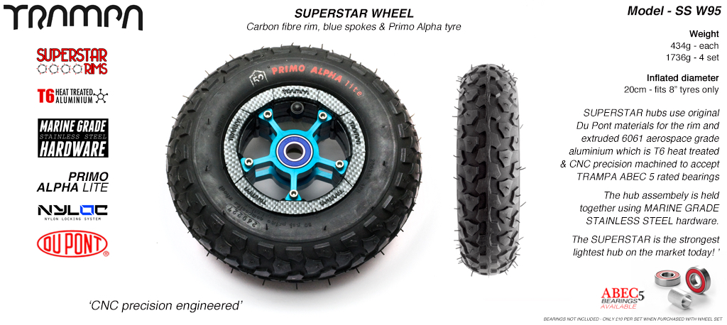 Carbon print rim with Blue Anodised Spokes Black Alpha tyre and Blue Bearings