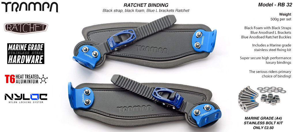 Ratchet Bindings - Black straps on Black Foam with Blue L brackets and Ratchets