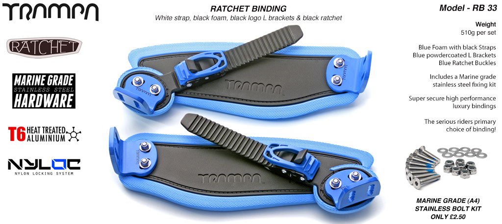 Ratchet Bindings - Black straps on Blue Foam with Blue L Brackets and Ratchets