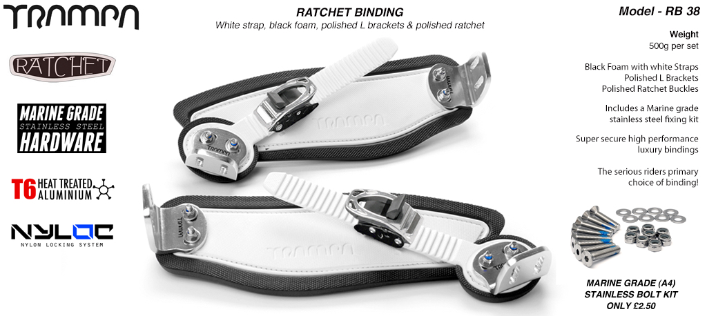 Ratchet Bindings - White Straps on Black Foam with Silver L brackets and Ratchets