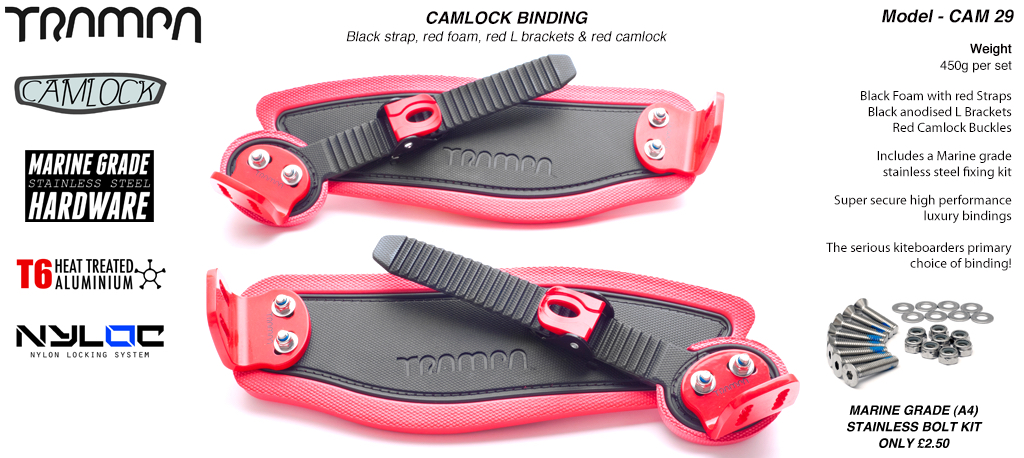 Camlock Bindings - Black straps on Red Foam, Red L-brackets and Red Camlocks