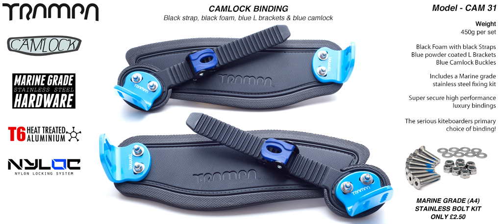 Camlock Bindings - Black straps on Black Foam, Blue L-brackets and Blue Camlocks