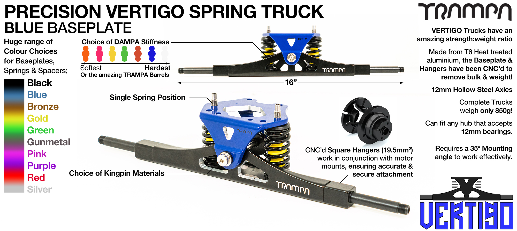Vertigo Hanger 12mm Hollow Axles Blue CNC Baseplate