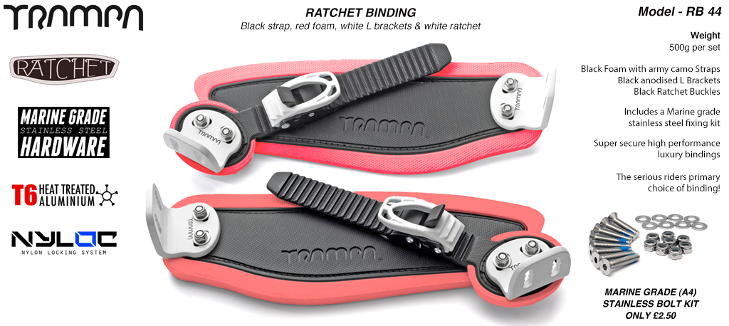 Ratchet Bindings - Black straps on Red foam with White L brackets and Ratchets