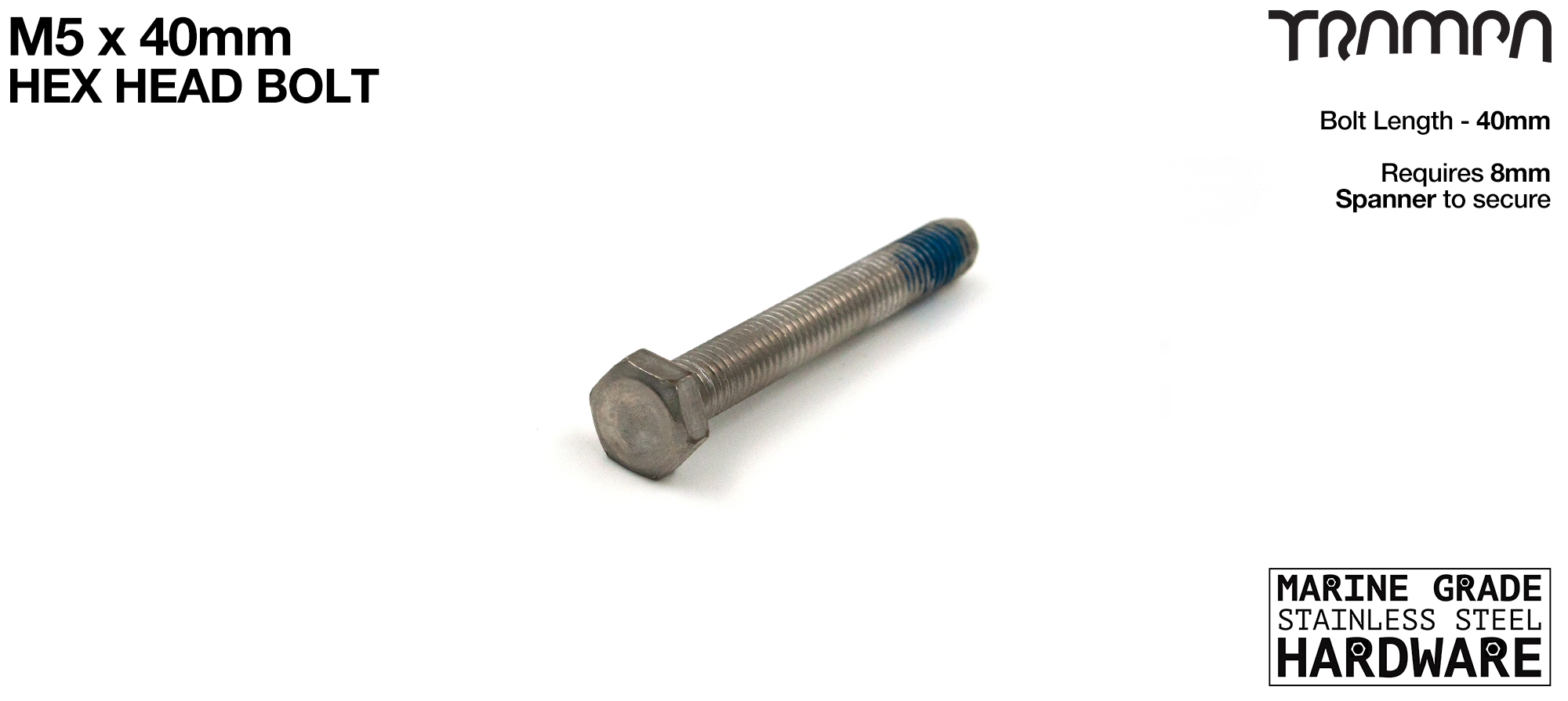 M5 x 40mm Marine Grade stainless steel shanked bolt