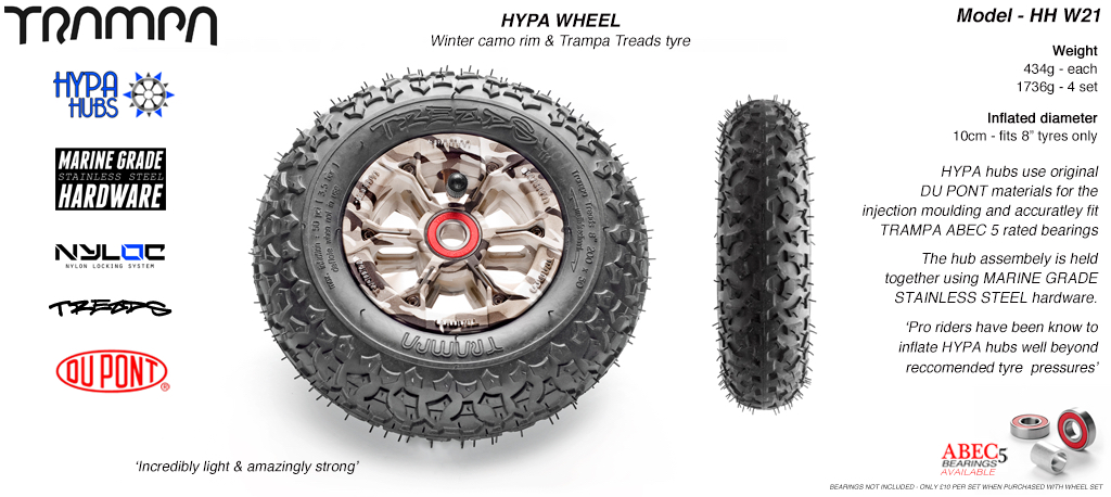 Winter Cammo Hypa hub with Black Trampa tyre - 8 inch wheel