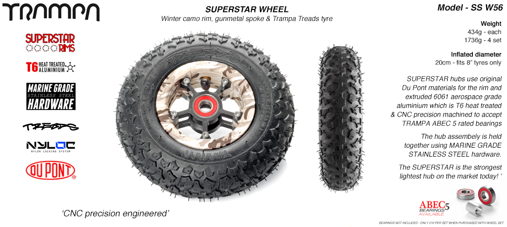 Winter Cammo Rim with Gunmetal Anodised spokes and Black Trampa tyre - 8 inch wheel