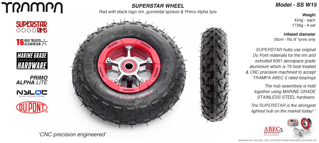 Superstar wheel - Red Gloss Rim with Gunmetal Anodised spokes and Black Alpha tyre