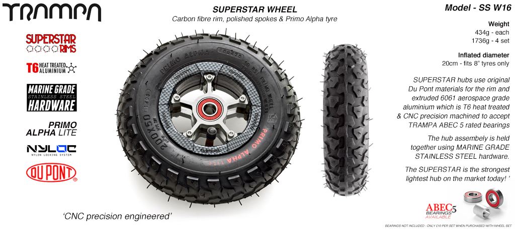 Superstar wheel - Carbon fiber print Rim with Silver Anodised spokes and Black Alpha Tyre - 8 inch wheel