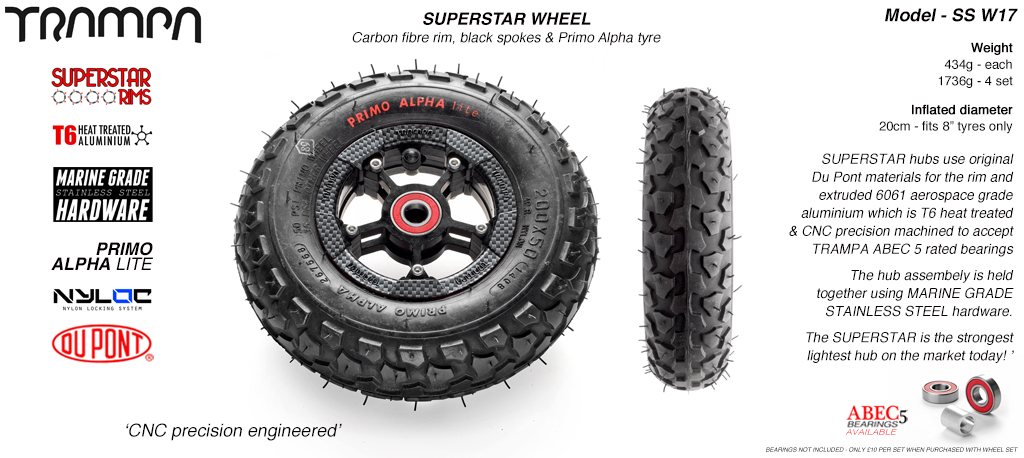 Superstar wheel - Carbon print Rim with Black Anodised spokes and Black Alpha tyre - 8 inch wheel