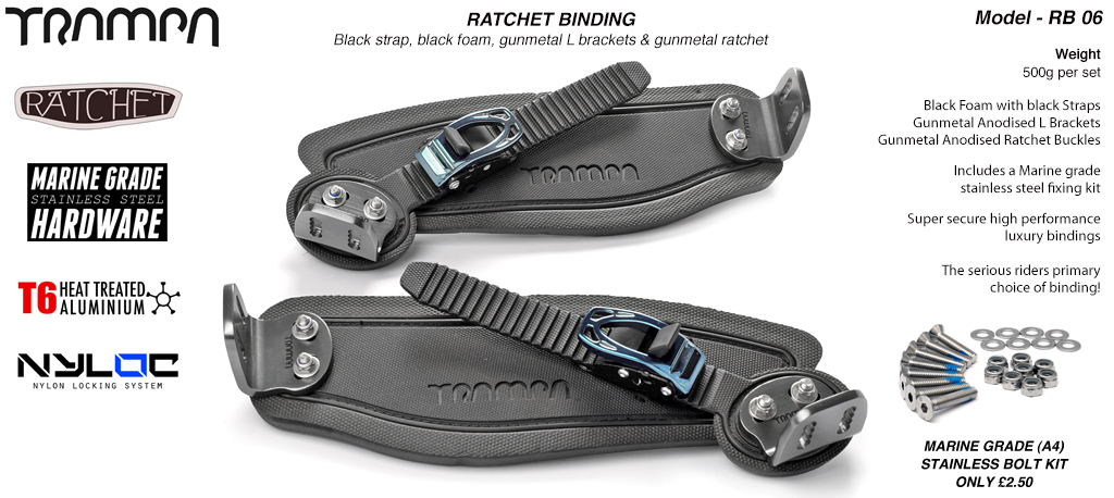 Ratchet Bindings - Black Straps on Black Foam with Gunmetal L brackets and Ratchets