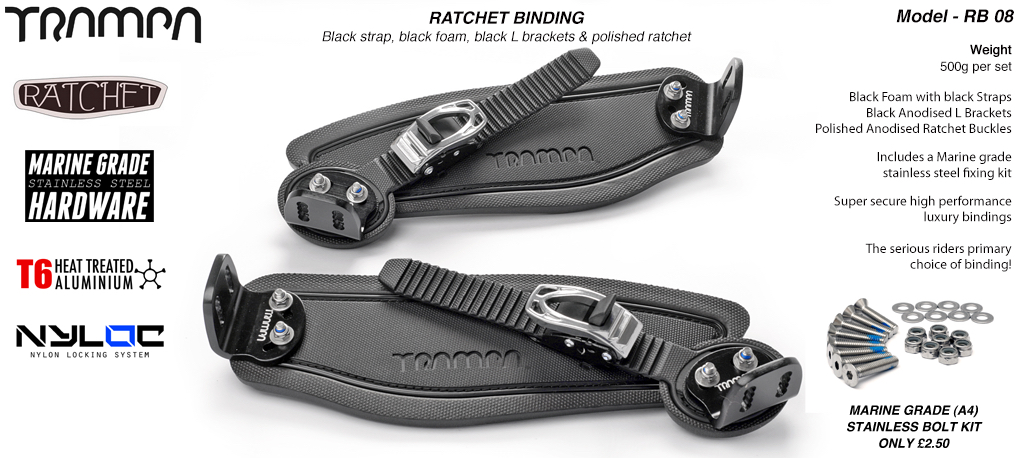 Ratchet Bindings - Black Straps on Black foam with Black L brackets and Silver Ratchet