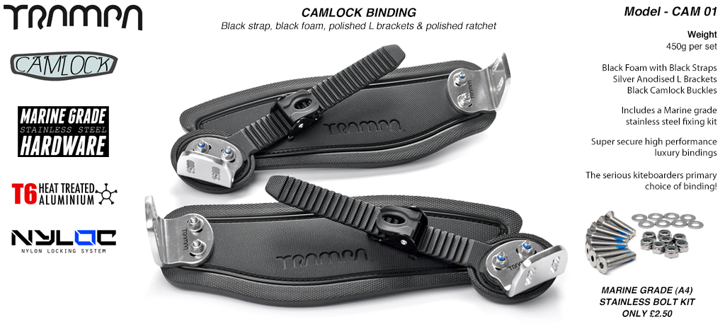 Camlock Bindings - Black Straps on Black Foam, Polished L Bracket and Black Camlocks