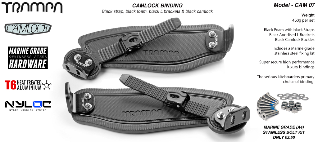 Camlock Bindings - Black straps on Black foam, Black L brackets and Black Camlocks
