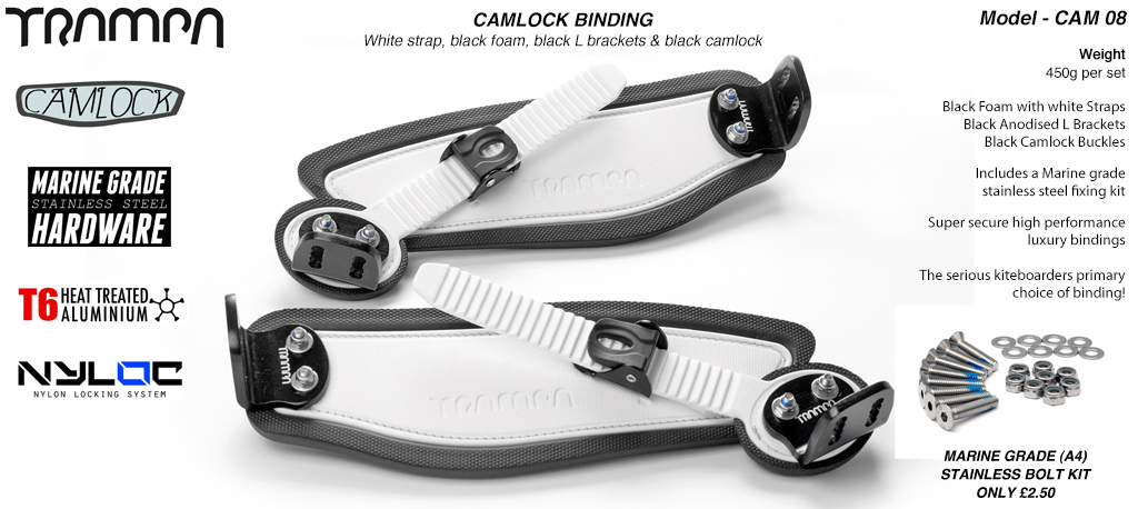 Camlock Bindings - White Straps on Black Foam, Black L brackets and Black Camlock
