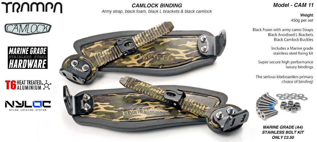 Camlock Bindings - Army cammo on Black foam Black L-brackets and Black Camlocks