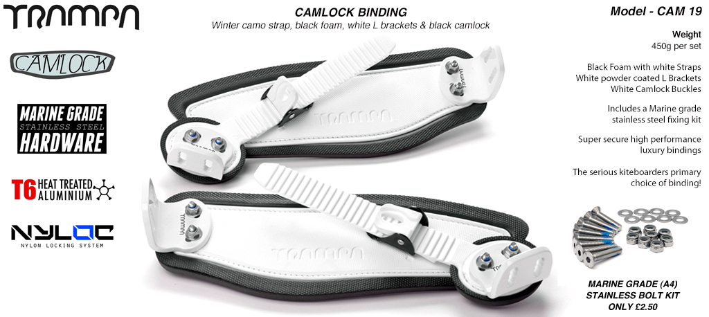Camlock Bindings - White straps on Black Foam, White L brackets and White Camlocks