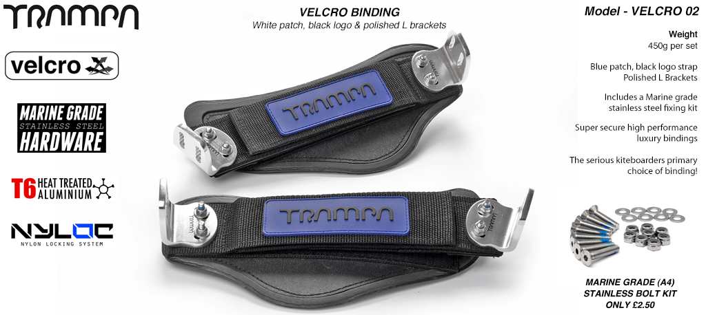 Velcro Bindings - Blue base Black logo velcro straps and Polished L brackets
