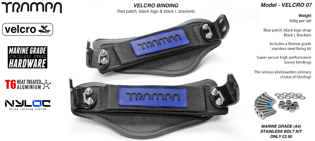 Velcro Bindings - Blue base Black logo velcro straps with Black L brackets