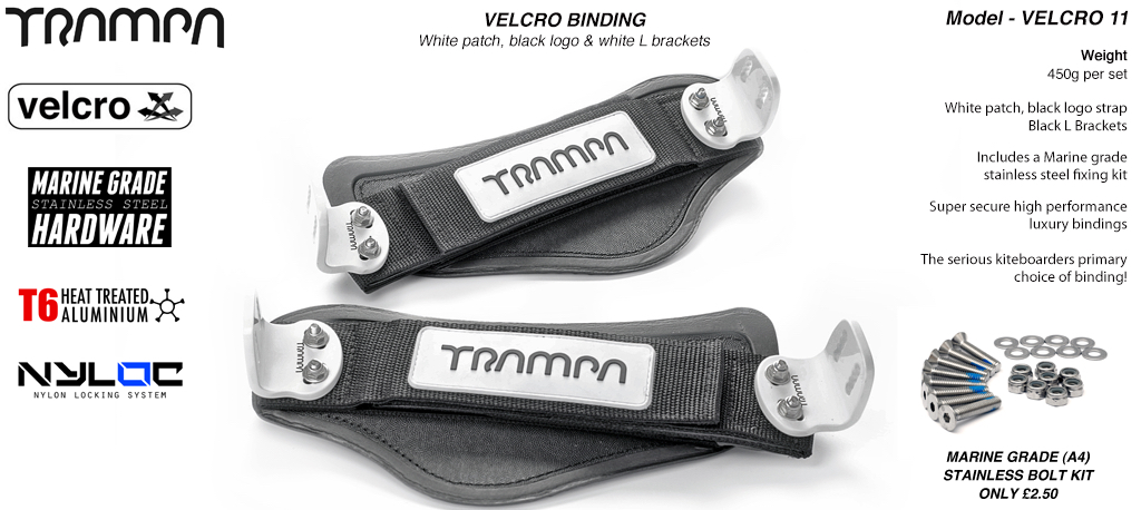 Velcro Bindings - White base Black logo velcro straps with White L brackets