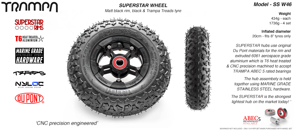 Matt Black Rim with Black Anodised spokes and Black Trampa tyre - 8 inch wheel