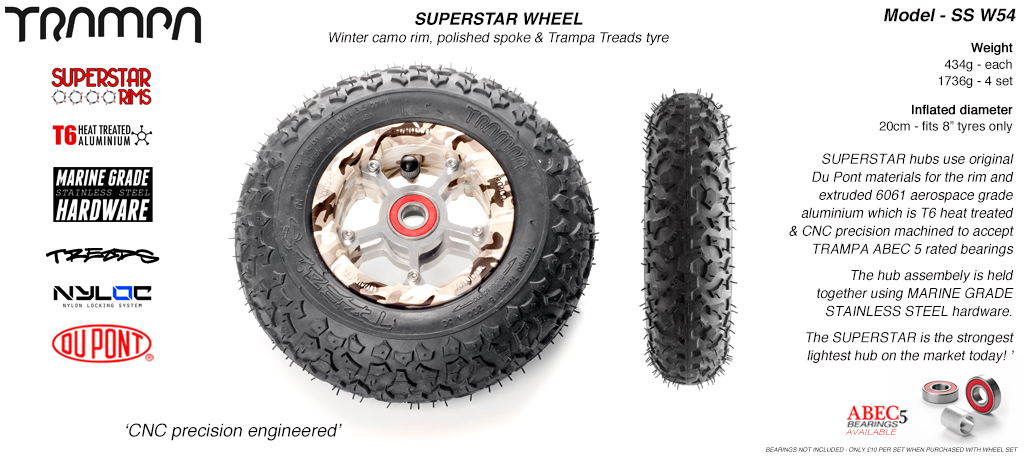 Winter Cammo Rim with Silver Anodised spokes and Black Trampa tyre - 8 inch wheel