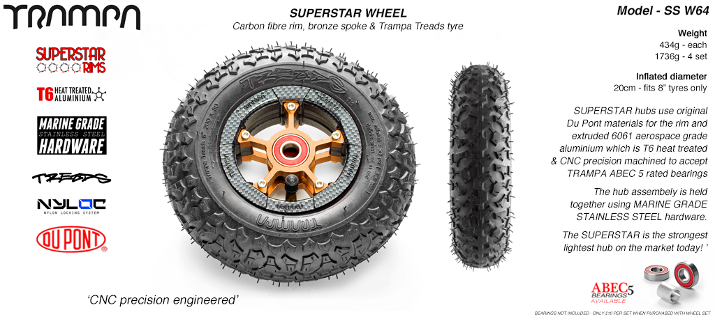 Carbon Rim with Bronze Anodised spokes and Black Trampa tyre - 8 inch wheel