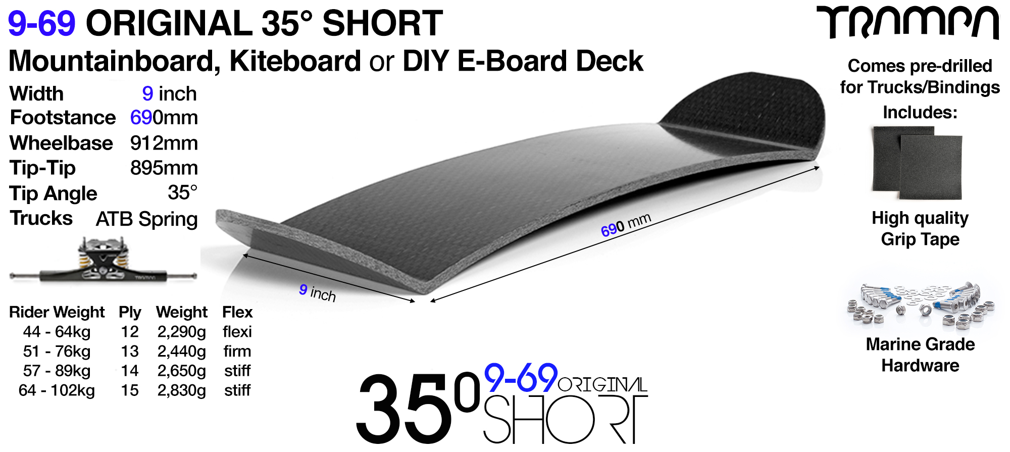 35� Short TRAMPA Mountainboard - Drilled, Edged, fitted with Grip tape and a Bolt kit