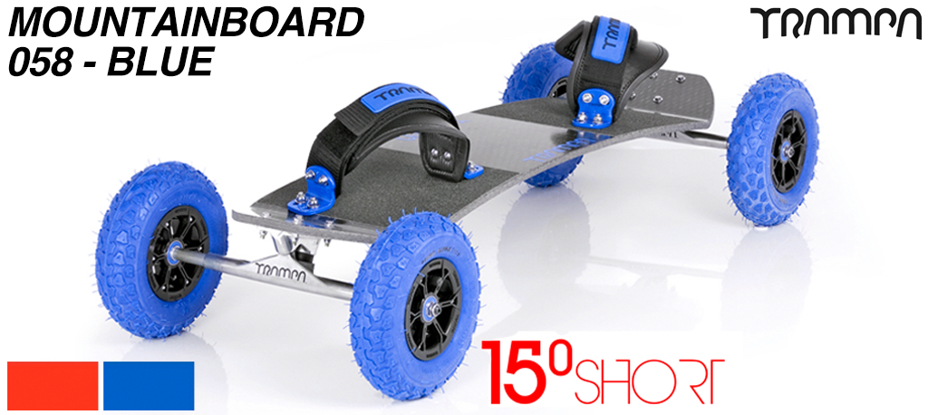 15� short TRAMPA Mountainboard on 10mm hollow skate trucks with black Hypa Blue Alpha wheels and Velcro Bindings