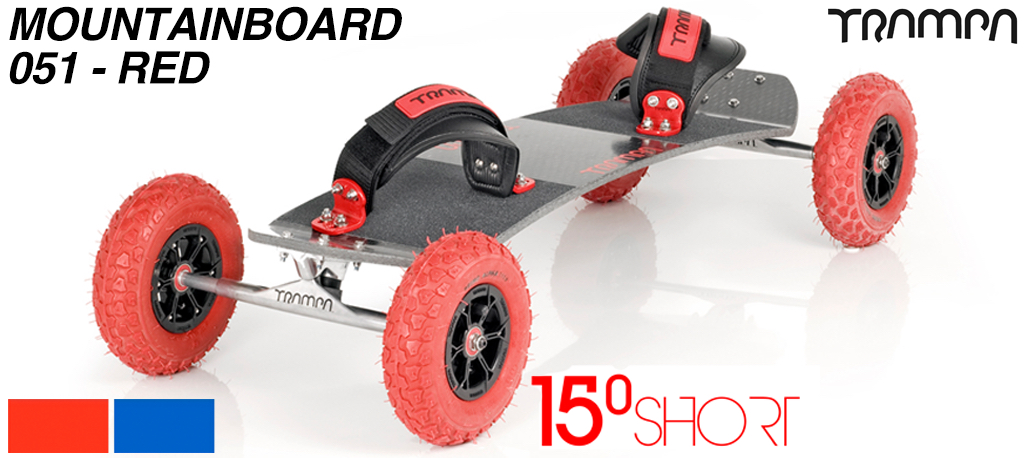 15� degree short TRAMPA Mountainboard on 10mm hollow skates, Black Hypa Red Alpha wheels and red Velcro Bindings