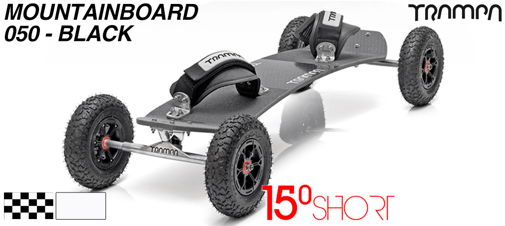 15� degree short TRAMPA Mountainboard on 10mm Hollow skate trucks, Matt Black Hypa Wheels and White Velcro Bindings