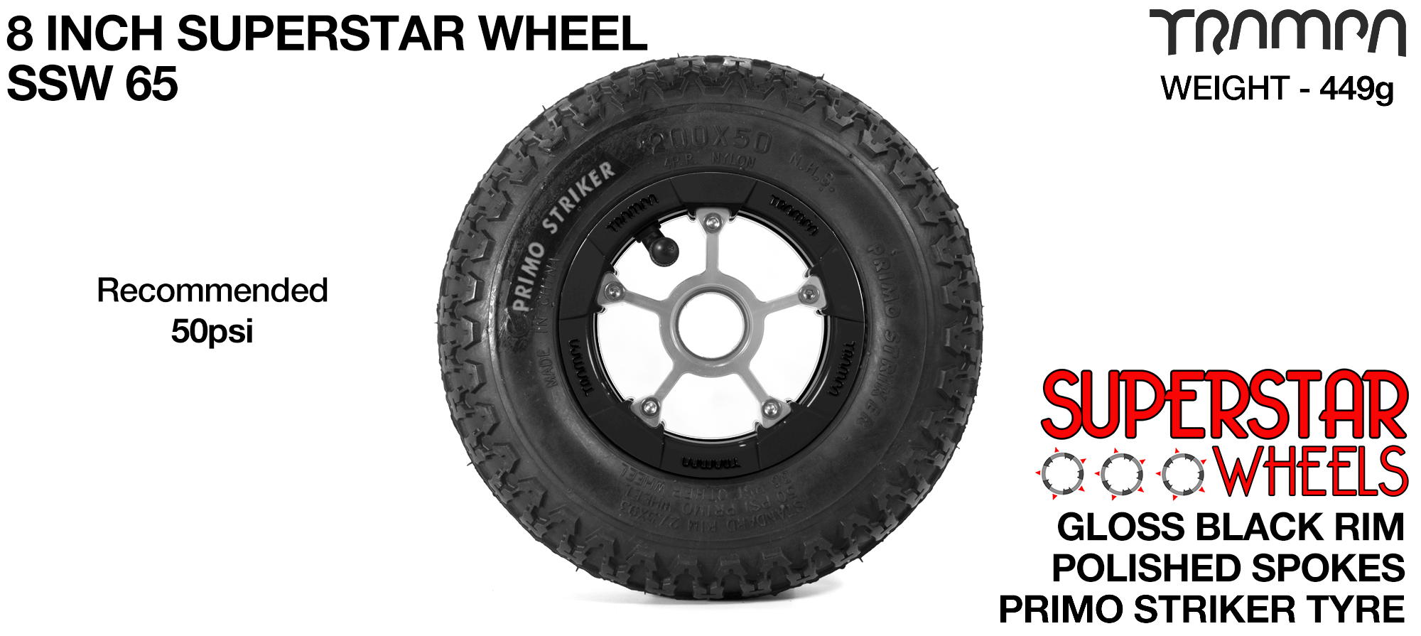 Black Gloss Rim with Silver Anodised spokes and Black Striker Tyre - 8 inch wheel