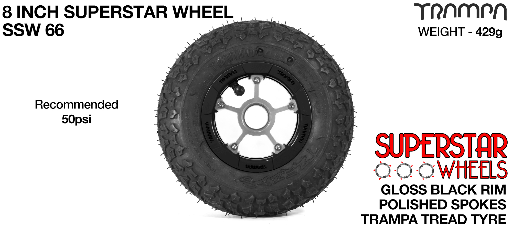 Black Gloss Rim with Silver Anodised spokes and Black Trampa Tyre - 8 inch wheel