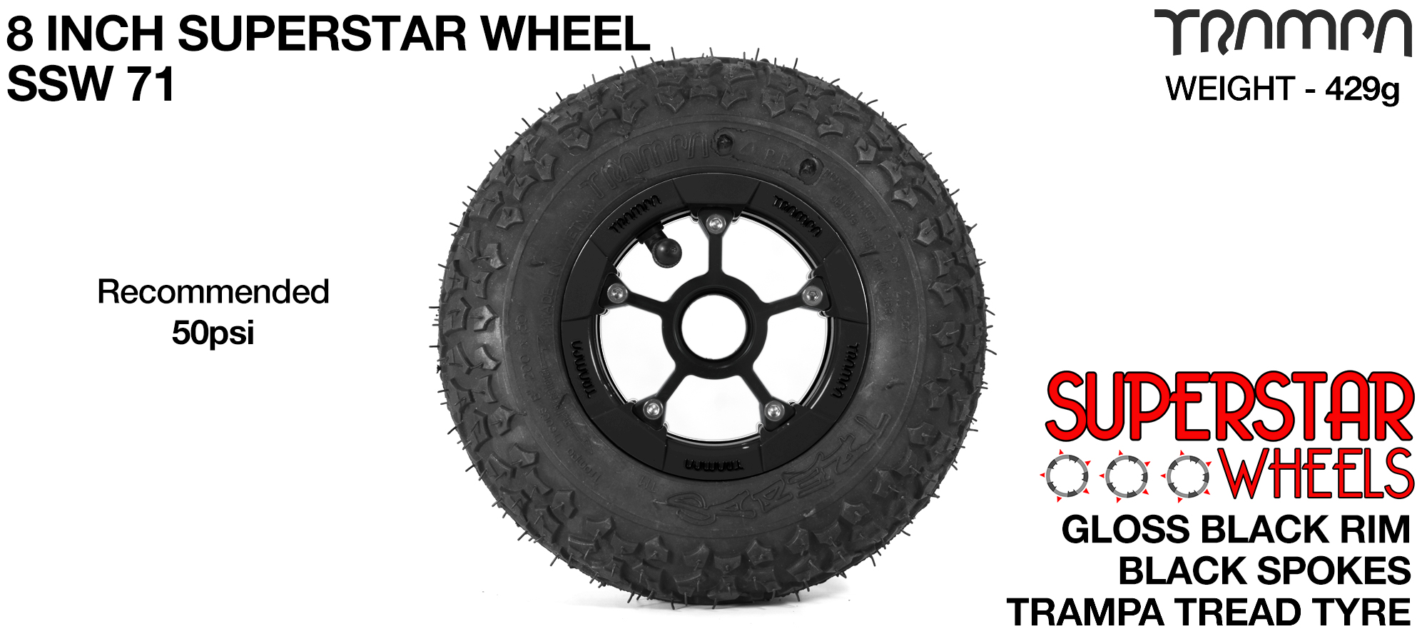 Black Gloss Rim with Black Anodised spokes and Black Trampa Tyre - 8 inch wheel