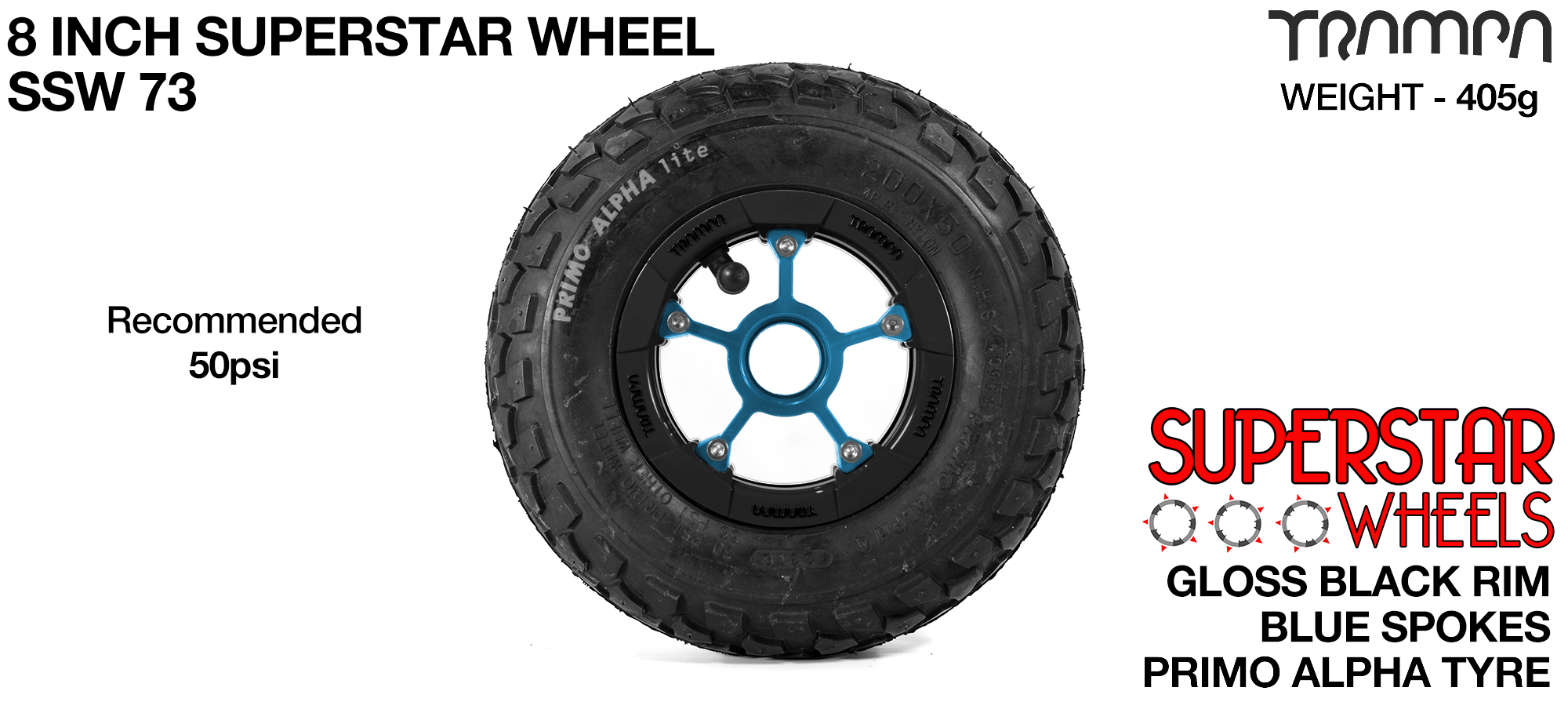 Black Gloss Rim with Blue Anodised spokes and Black Alpha Tyre and Blue Bearings - 8 inch wheel