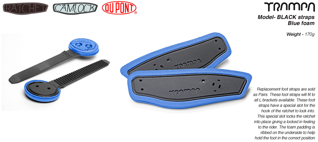 Ratchet Binding foot straps - Black straps on Blue foam