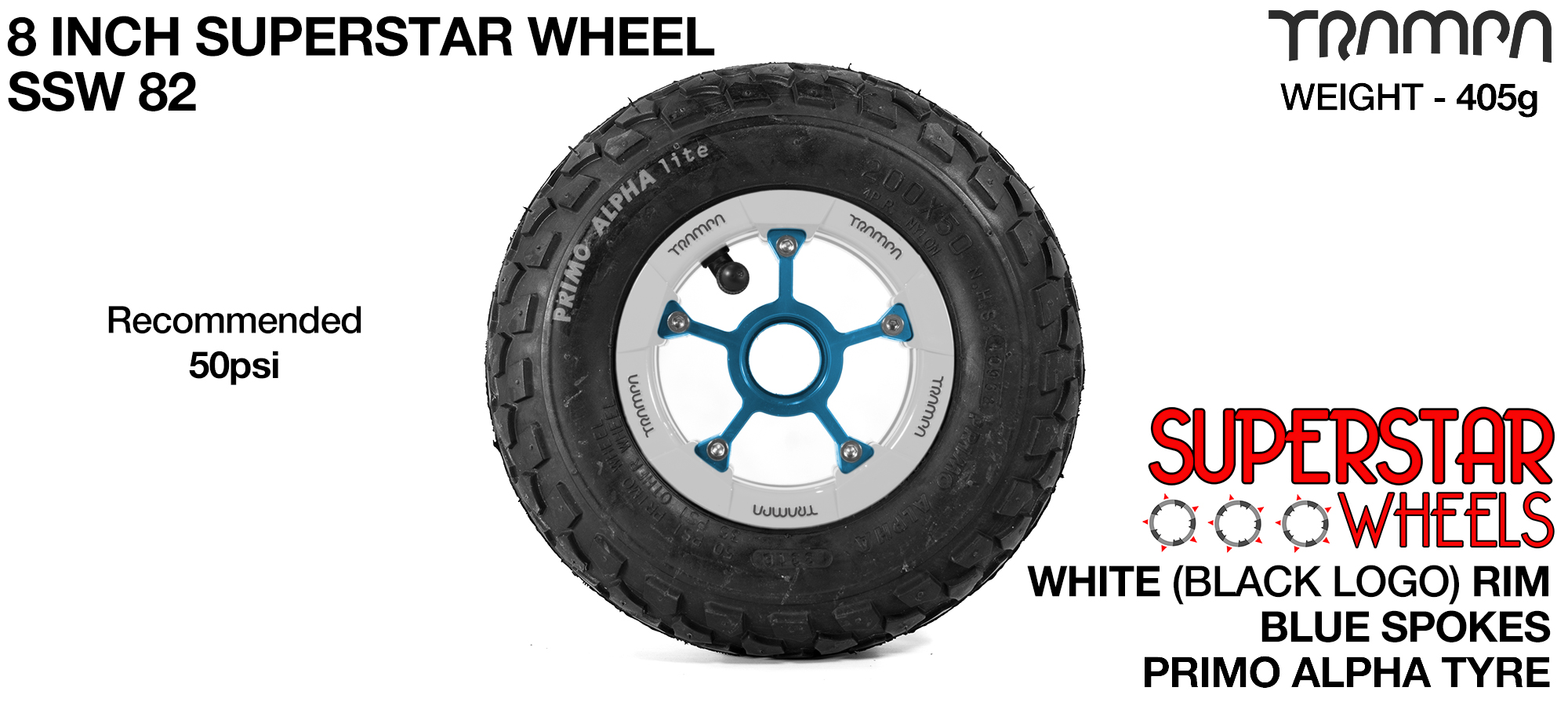 White Gloss and Black logo rim with Blue Anodised Spokes Black Alpha tyre and Blue Bearings - 8 inch wheel