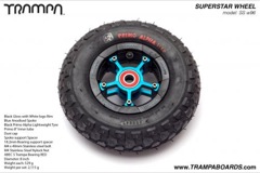 Black Gloss White logo rim with Blue Anodised Spokes Black Alpha tyre and Red Bearings