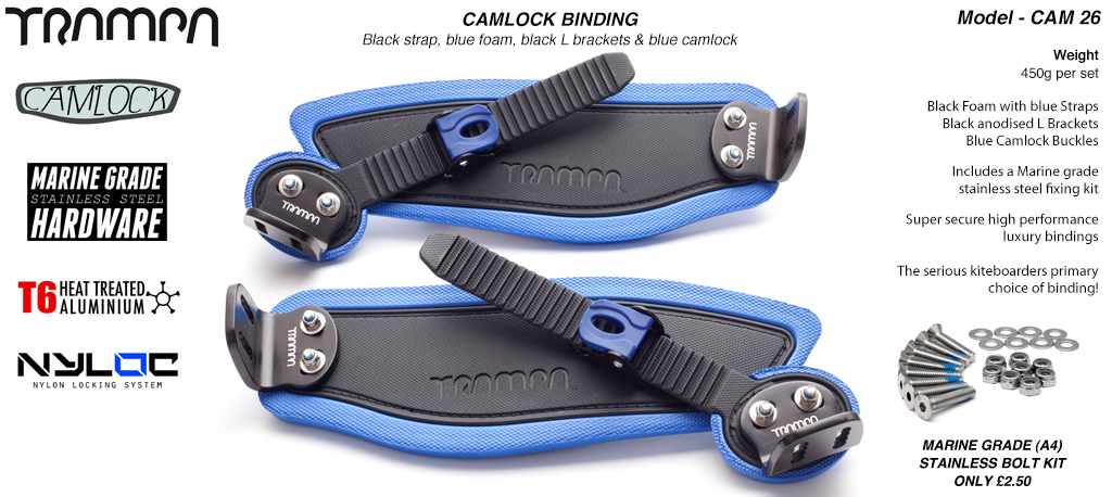 Camlock Bindings - Black straps on Blue Foam, Black L-brackets and Blue Camlocks