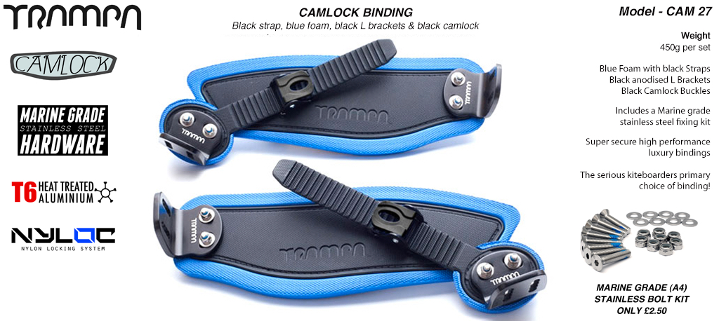 Camlock Bindings - Black straps on Blue Foam, Black L-brackets and Black Camlocks
