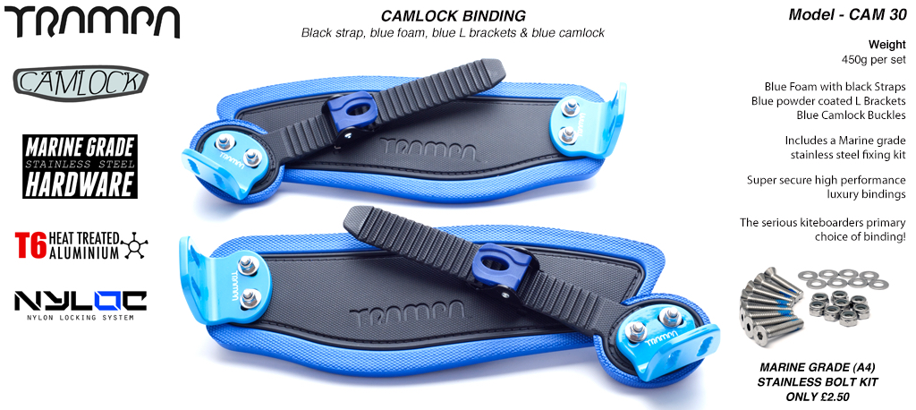 Camlock Bindings - Black straps on Blue Foam, Black L-brackets and Black Camlocks