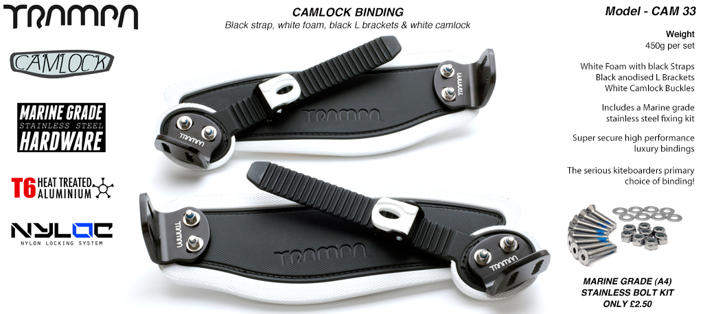 Camlock Bindings - Black straps on White Foam, Black L-brackets and White Camlocks
