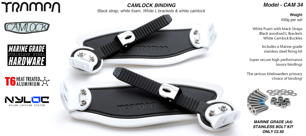 Camlock Bindings - Black straps on White Foam, White L-brackets and White Camlocks